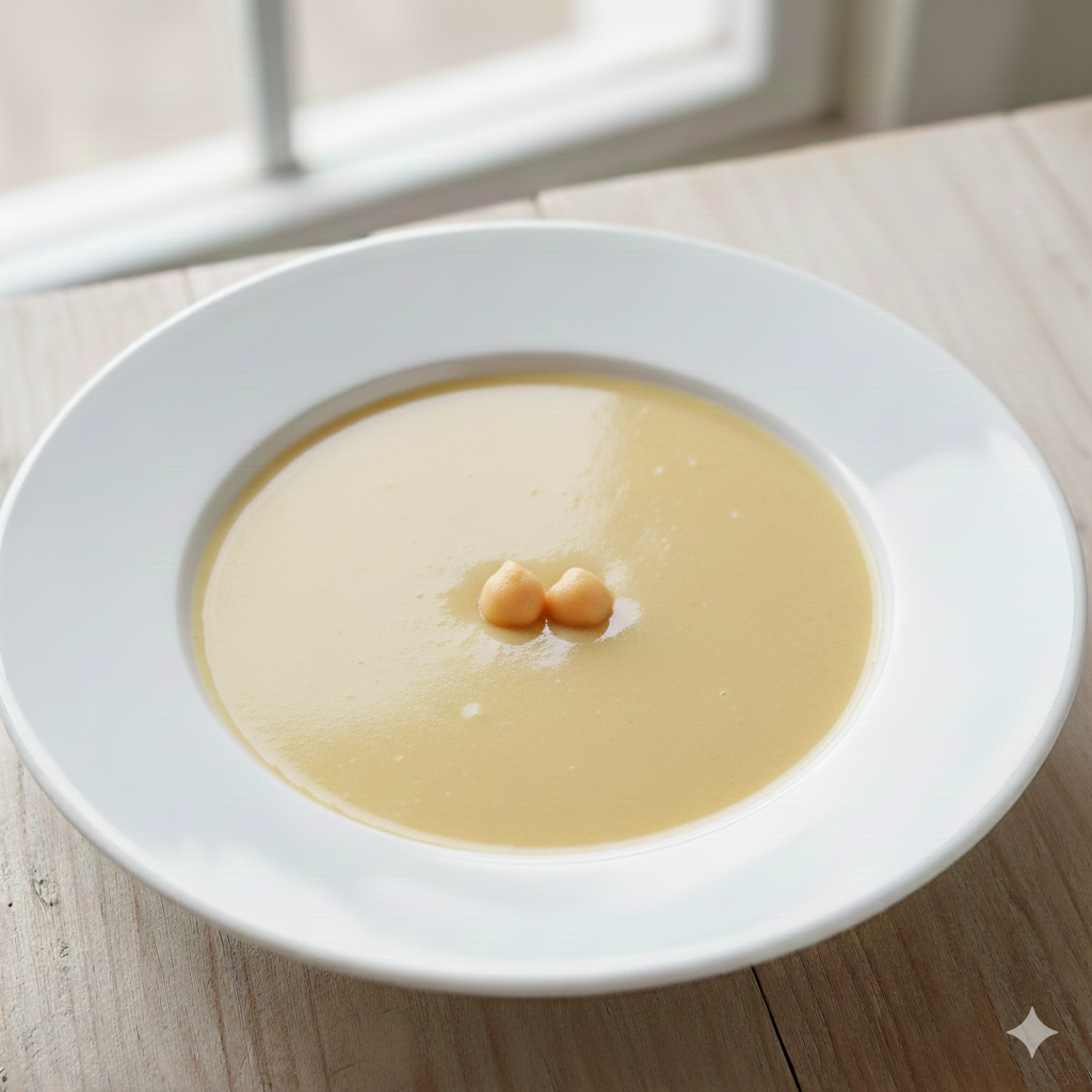 병아리콩을 곱게 갈아 만들어 크리미하고 부드러운 연노란색 병아리콩 스프