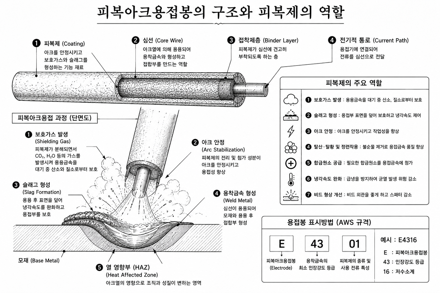 피복아크용접봉의 구조와 피복제의 역할 개념도