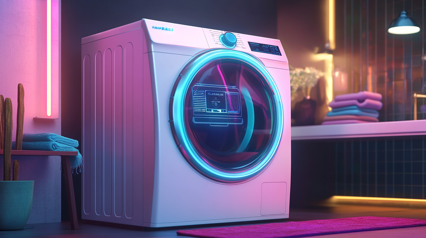현대적인 세탁실에서 다채로운 조명 아래 대형 디스플레이가 있는 미래형 AI 세탁기의 모습