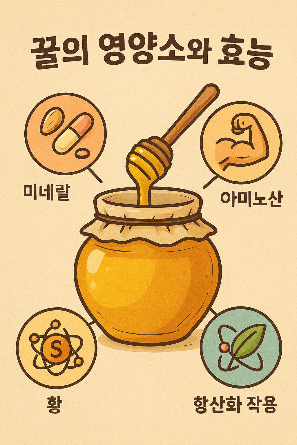 꿀의 영양소와 효능을 표현한 일러스트