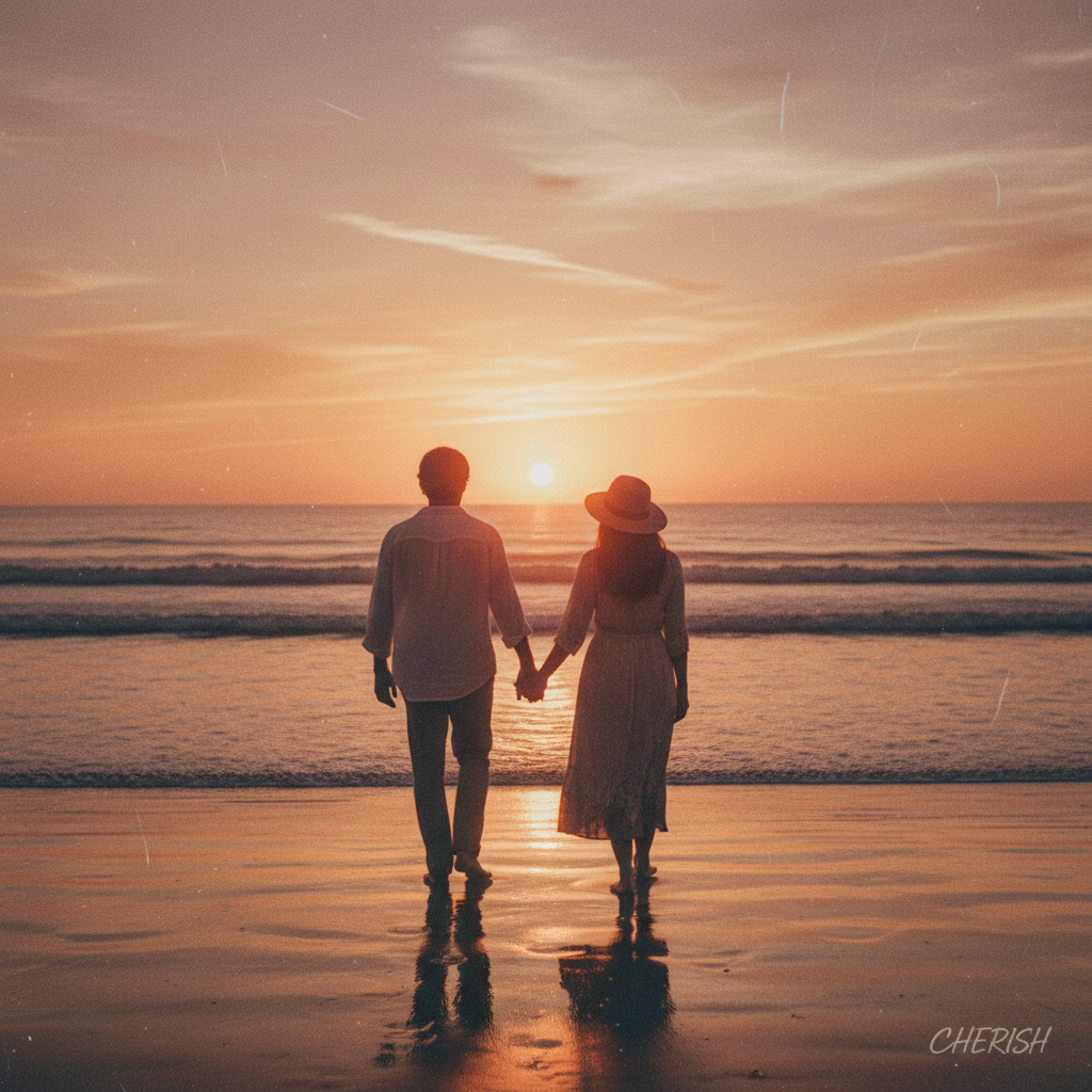 쿨앤더갱 'Cherish' 노래 분위기에 맞는 노을 진 해변가를 걷는 연인의 뒷모습