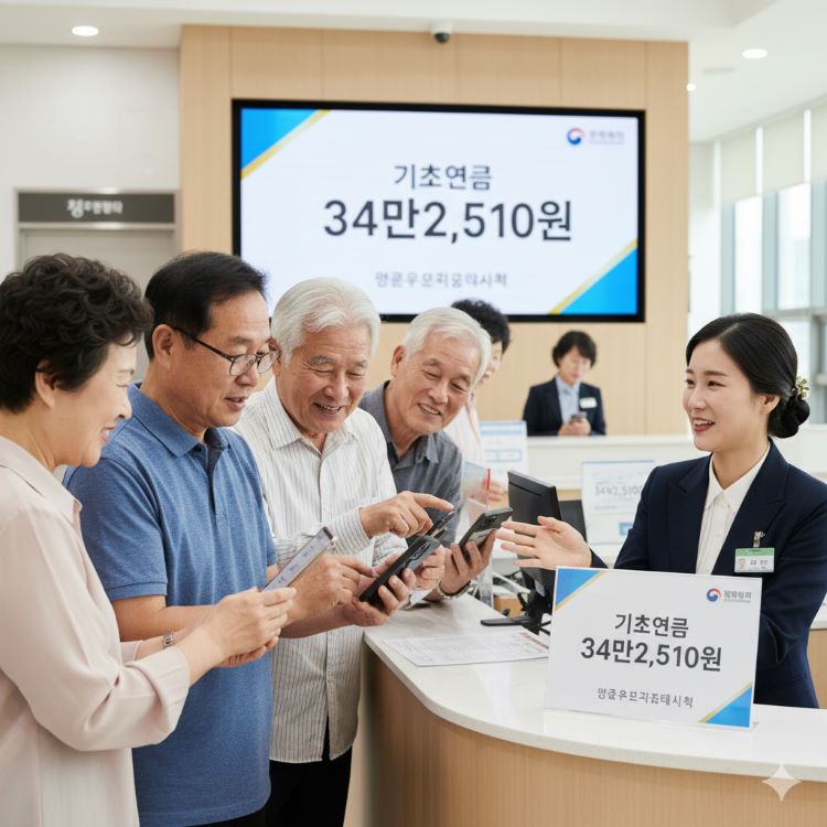 다양한 세대의 어르신들이 기초연금 안내문과 스마트폰을 보며 밝은 표정으로 주민센터 안내 창구 앞에 서 있고, &lsquo;기초연금 34만2,510원&rsquo; 숫자가 명확하게 보이며 정부 공식 로고와 상담원이 함께 등장하는 희망적인 장면