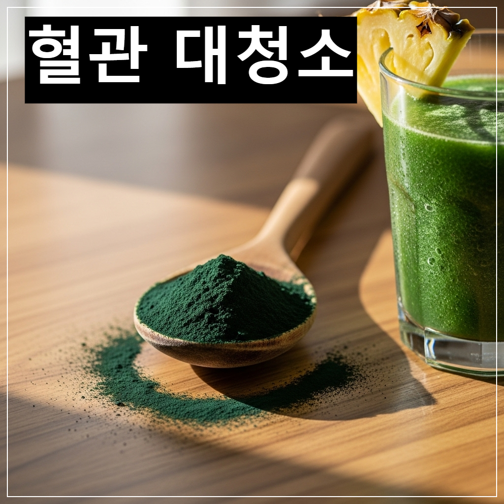 신선한 초록색 스피루리나 가루가 담긴 스푼과 파인애플이 들어간 건강 스무디 한 잔