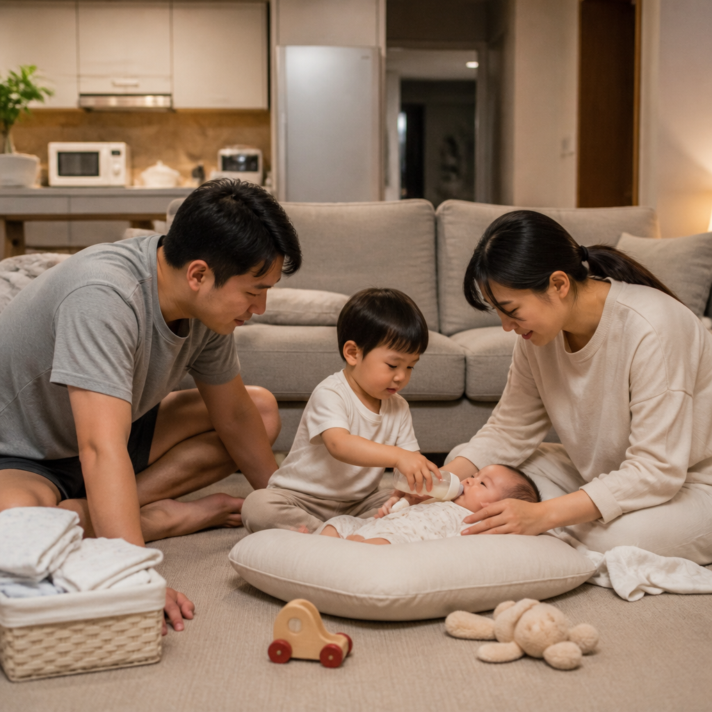 가족이 함께 아이를 돌보는 저녁 시간