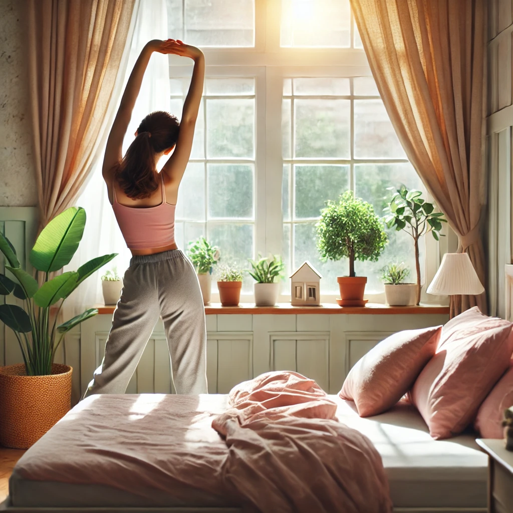 아침 햇살이 들어오는 창문 옆에서 스트레칭을 하는 젊은 여성. 침대는 깔끔하게 정리되어 있으며&amp;#44; 부드러운 색조와 화분으로 꾸며진 아늑한 침실 분위기