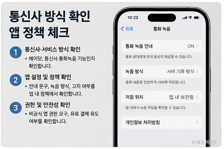 아이폰 통화녹음 고지의 정상 상태와 위험 상태를 비교하는 판단 기준 이미지