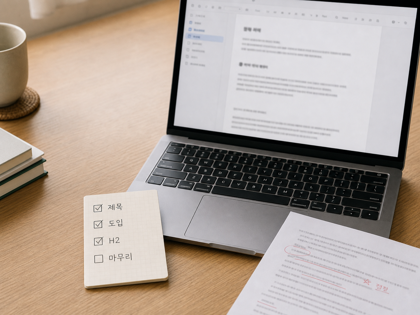 ChatGPT 블로그 초안 화면과 발행 전 검수 체크리스트가 놓인 책상