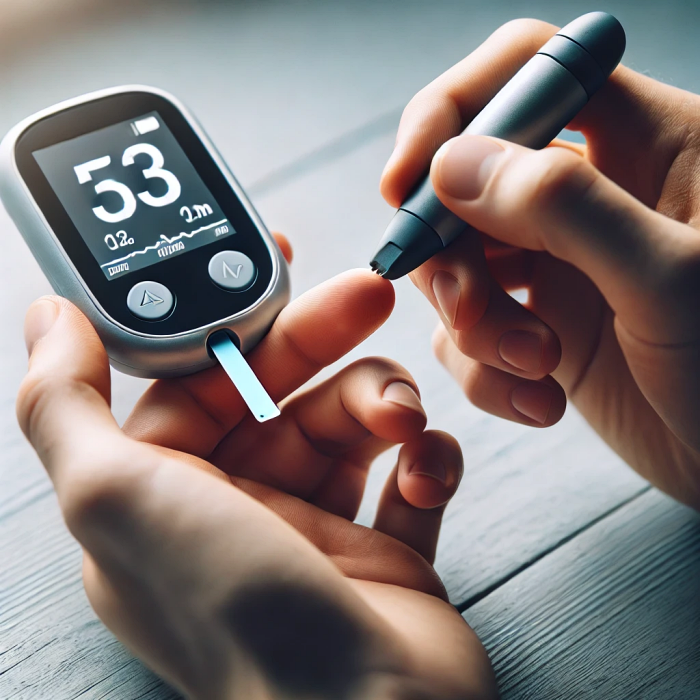 혈당 측정기를 사용해 혈당을 확인하는 모습: 손가락 채혈과 혈당 측정기의 결과 화면이 클로즈업된 이미지.