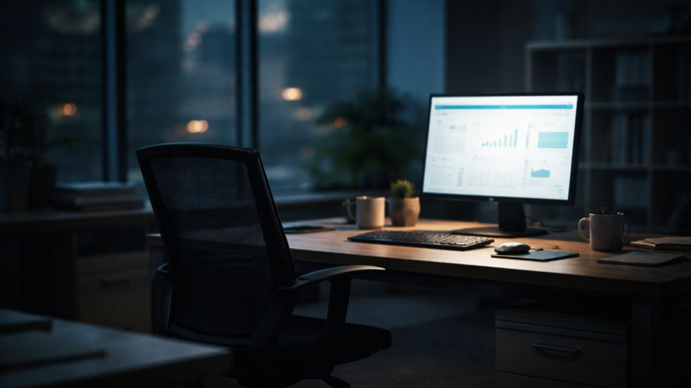 어두운 사무실 안, 사람이 없는 빈 의자와 켜진 컴퓨터 모니터만 남아 있는 고요한 책상 풍경