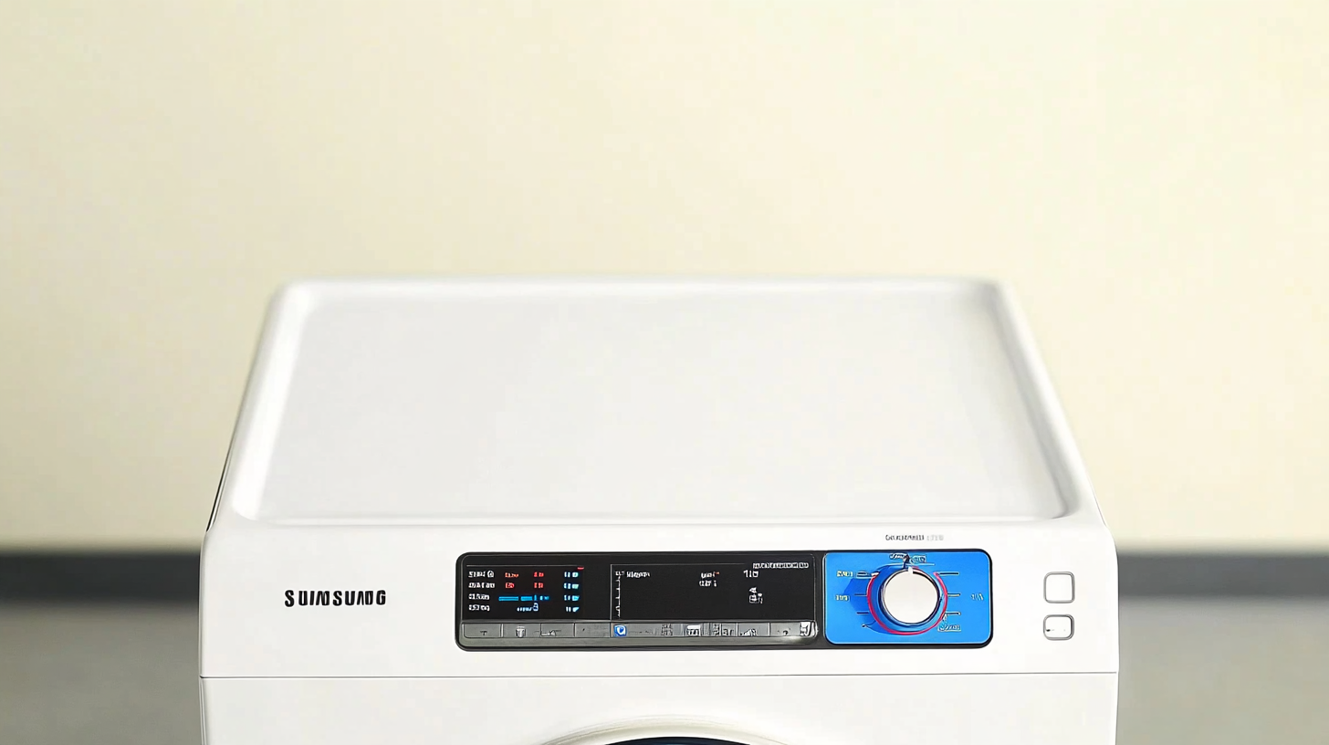 편리한 조작을 위한 삼성 세탁기의 후면 컨트롤 패널, 인체공학적 디자인과 부드러운 도어 메커니즘, 자연광 아래의 현실적인 질감