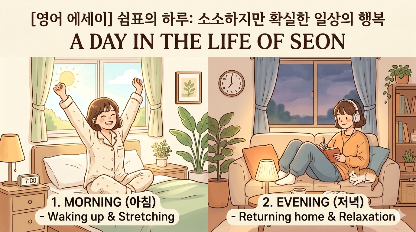 아침에 침대에서 일어나 기지개를 켜는 모습과 저녁에 거실 소파에서 다이어리를 쓰며 휴식하는 모습이 담긴 '쉼표의 하루 일과' 영어 공부용 썸네일 이미지.