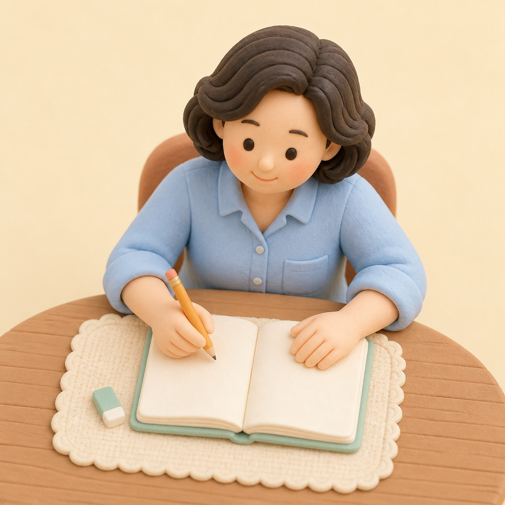 거실 테이블에서 노트에 예문을 적으며 공부하는 40대 여성