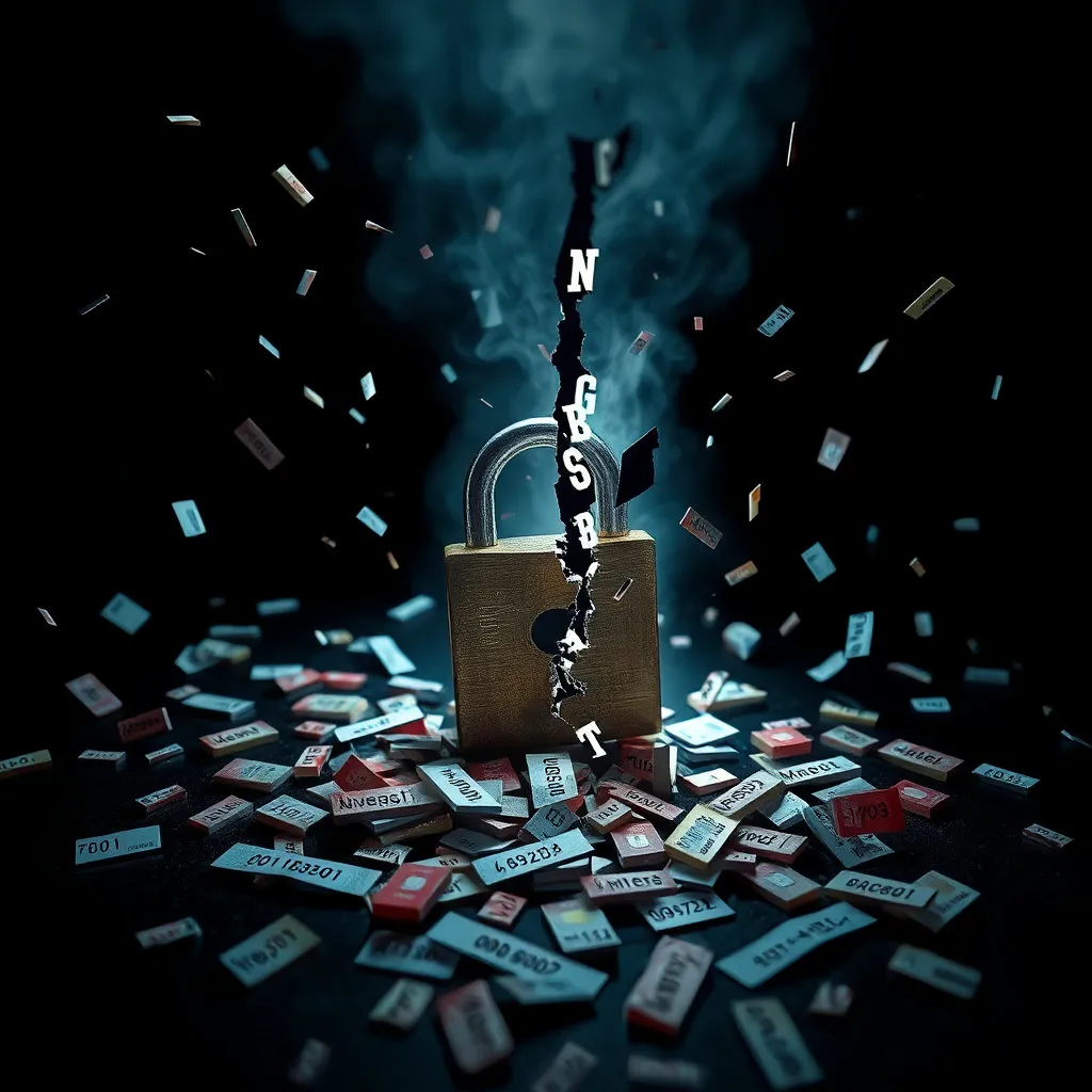깨진 자물쇠나 뚫린 방화벽 그림 옆으로 카드번호, 이름, 전화번호 등 개인정보를 상징하는 데이터 조각들이 흩날리는 모습을 묘사합니다. 이 이미지는 보안 시스템의 취약점과 정보 유출의 직접적인 상황을 보여줍니다.