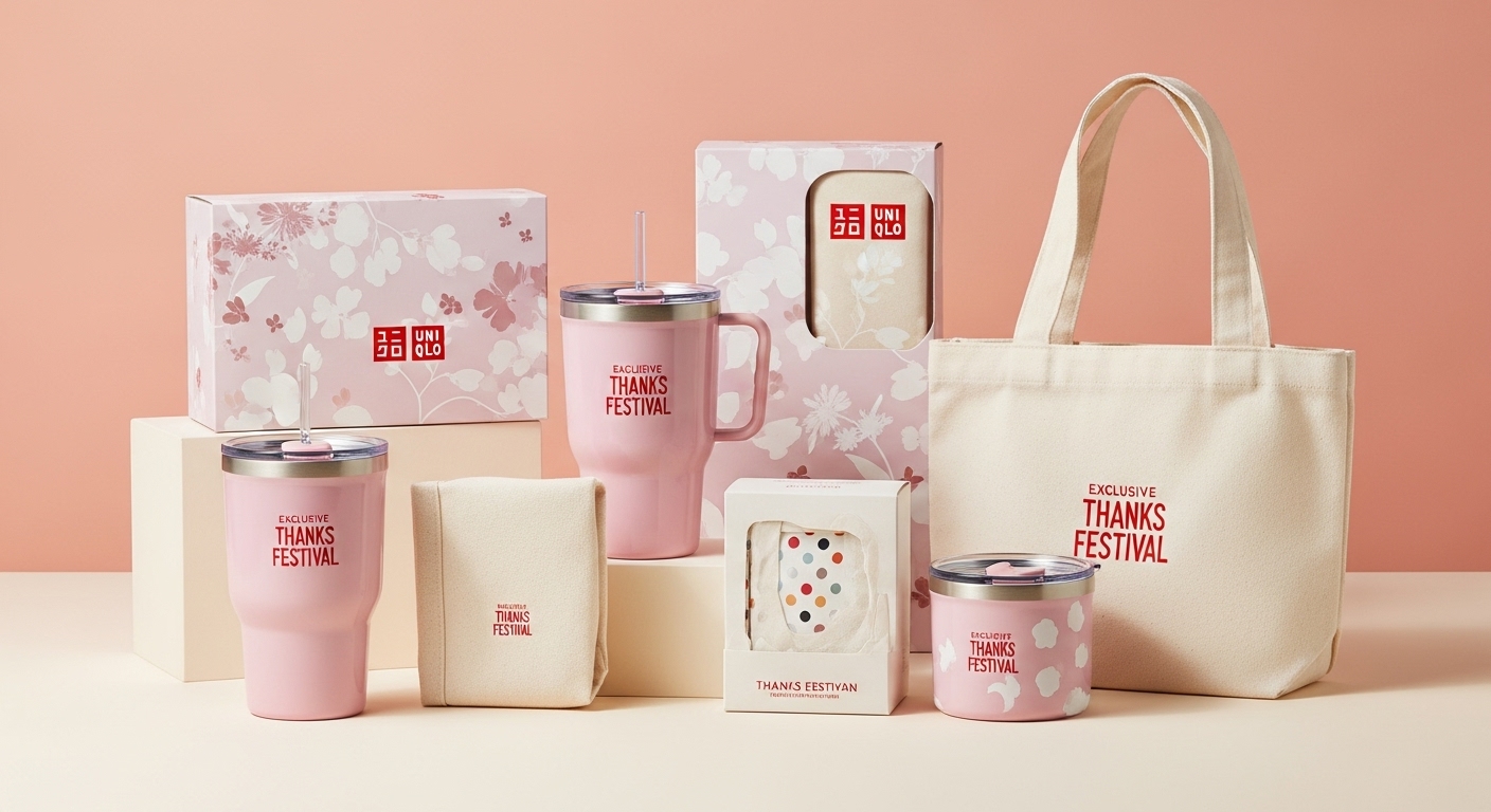 유니클로 감사제 사은품(텀블러, 리유저블 백 등)이 예쁘게 진열된 모습