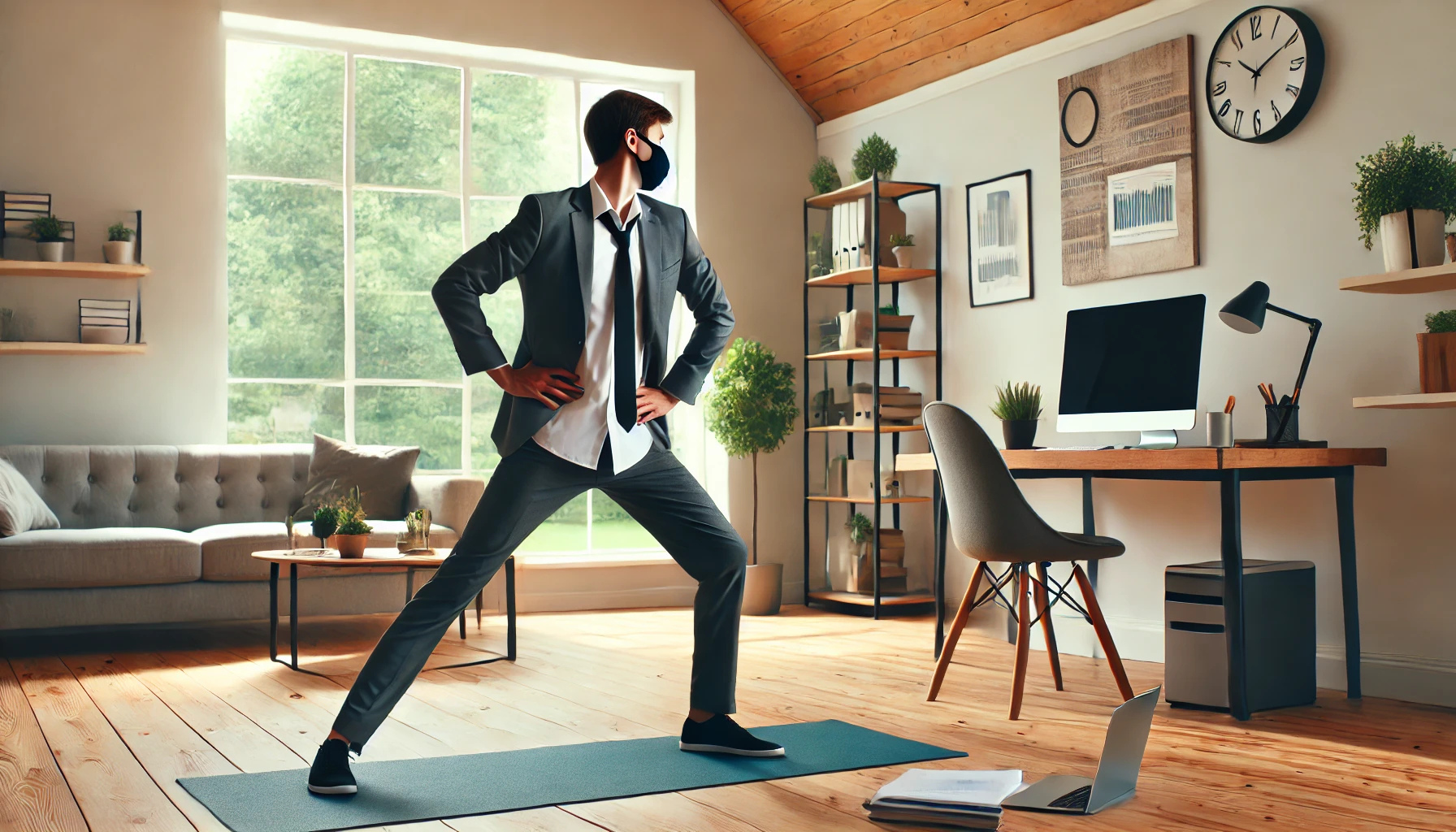 바쁜 현대인이 집에서 간단한 스트레칭이나 요가를 하는 모습
