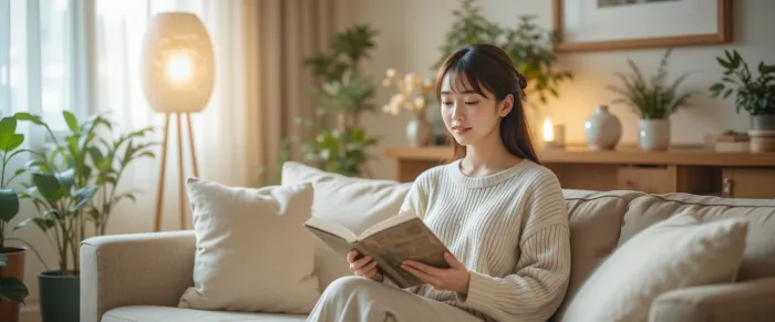 힐링 인테리어 공간에서 독서하는 여성의 모습