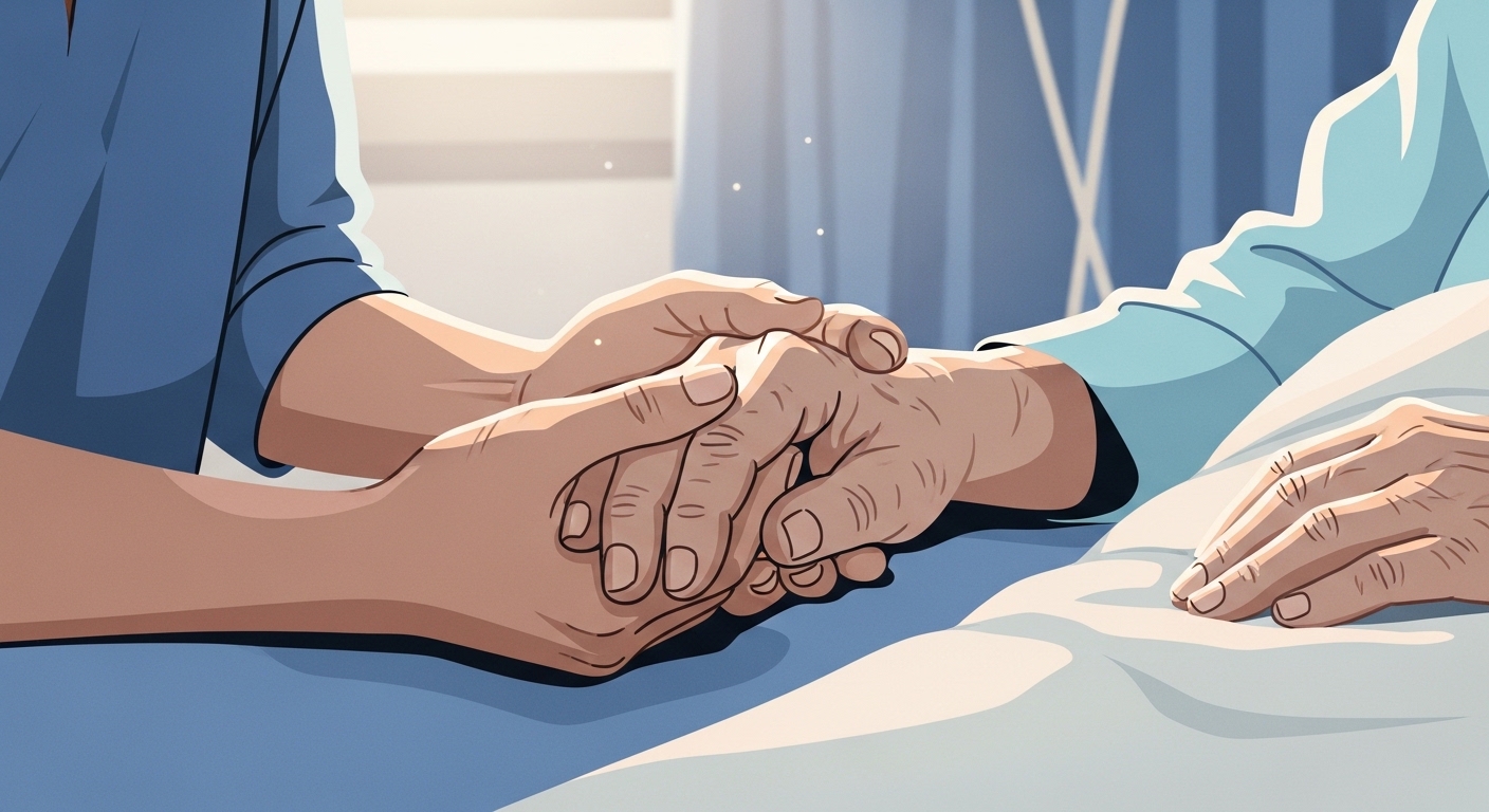 병상에 있는 부양가족의 손을 따뜻하게 잡아주는 가족의 모습. 질병으로 인한 어려움을 함께 극복하는 위로와 지원을 상징합니다.