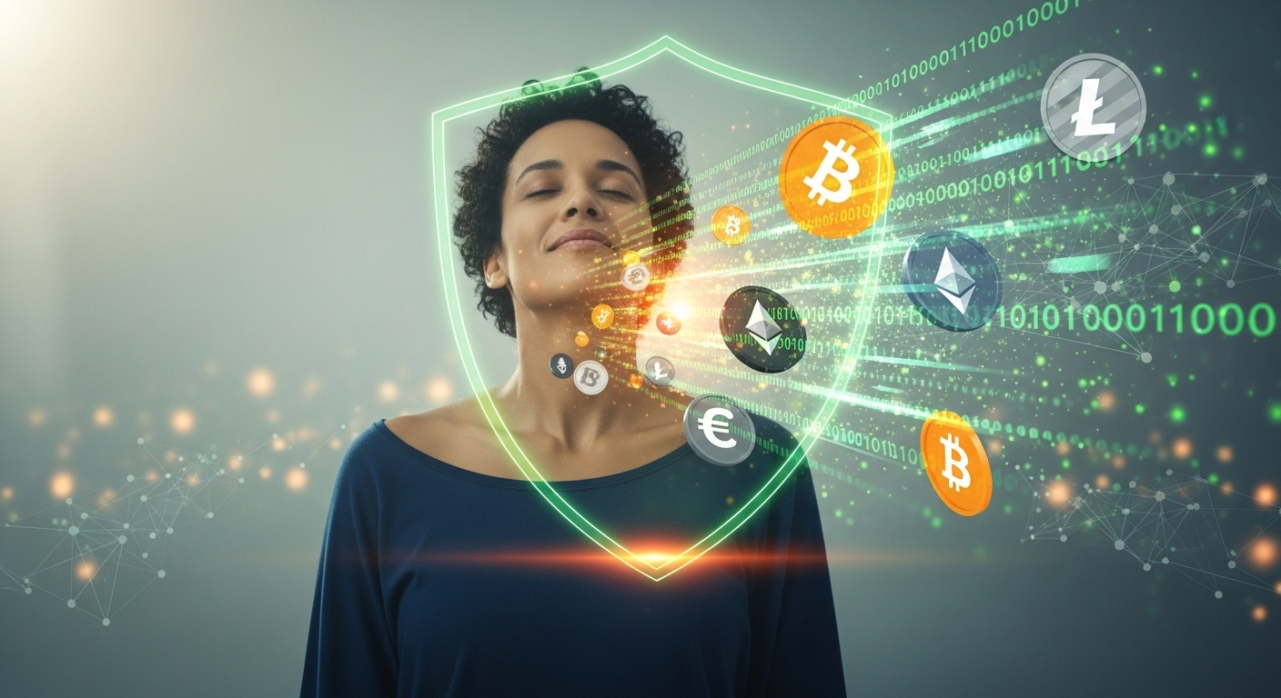 보이스피싱으로부터 안전하게 보호받아 안심하는 사람의 모습과 재정적 피해를 막는 보호막을 상징하는 이미지.