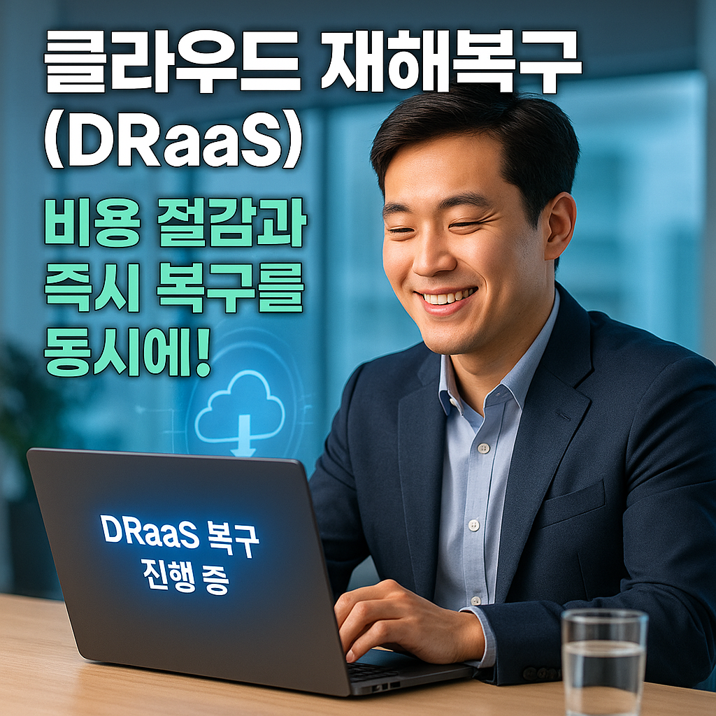 노트북에서 DRaaS 복구 과정을 확인하며 미소 짓는 직장인