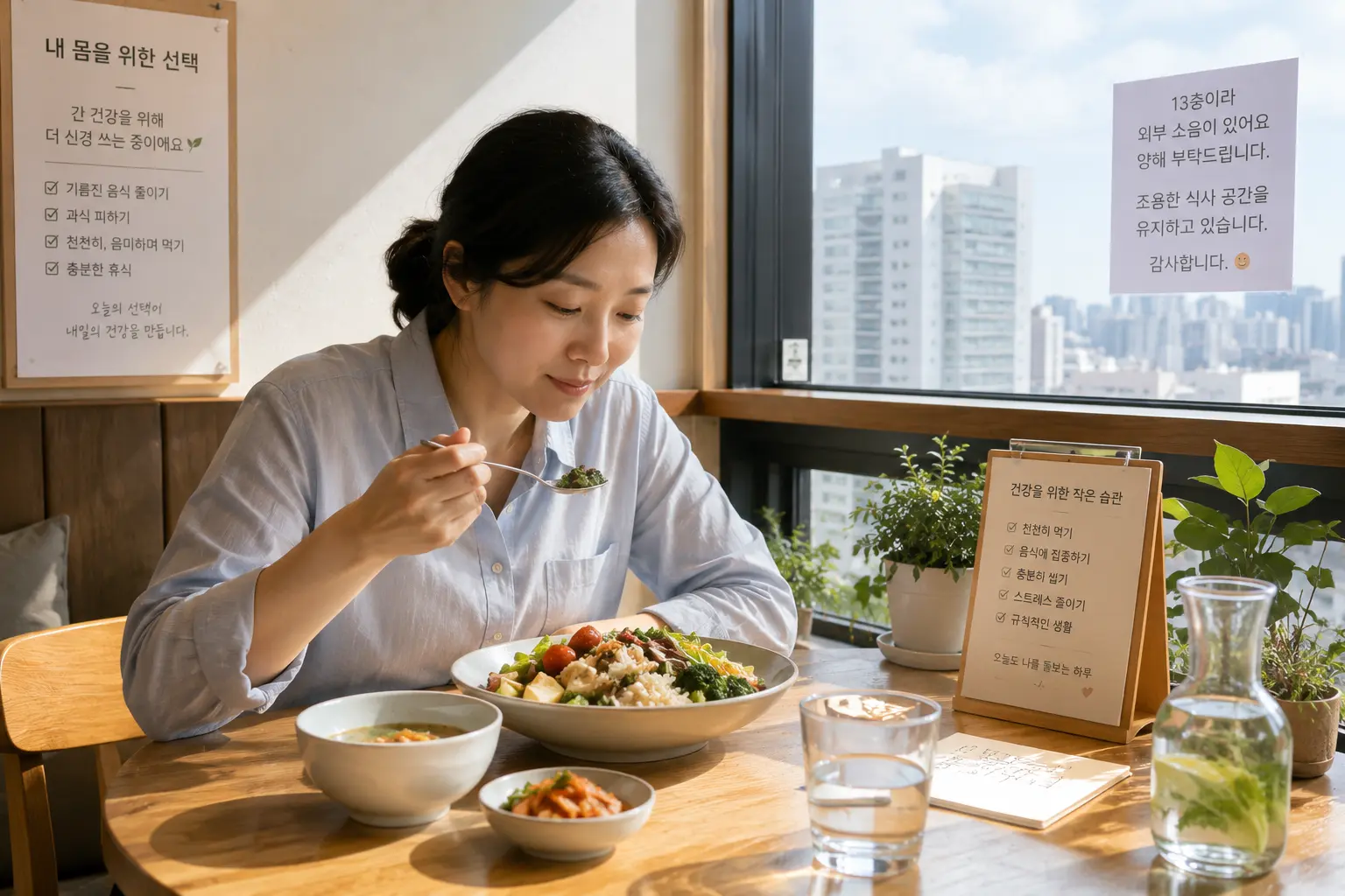 음식 맛에 집중하며 천천히 식사하는 사람