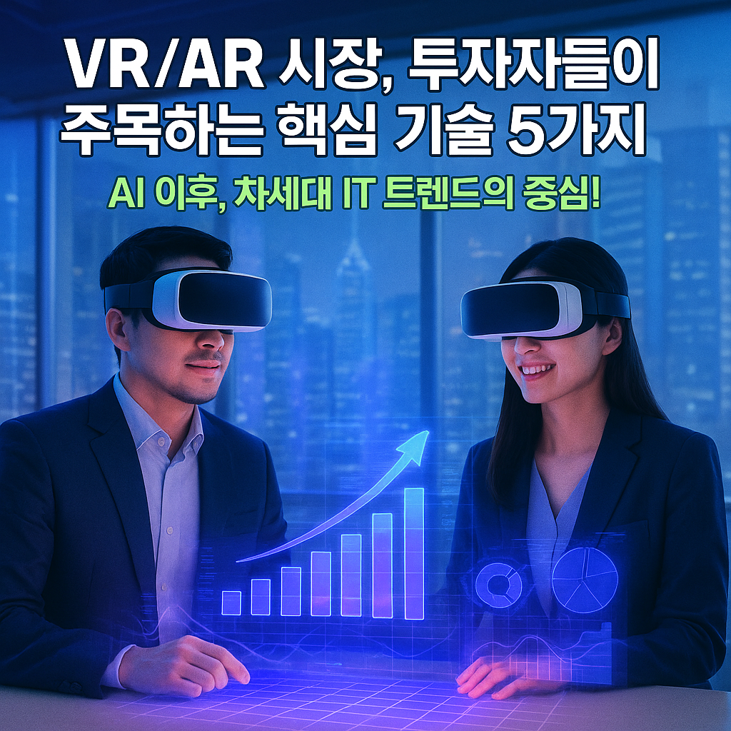 미래형 사무실에서 VR 헤드셋을 착용한 남녀가 홀로그램 그래프를 바라보는 장면