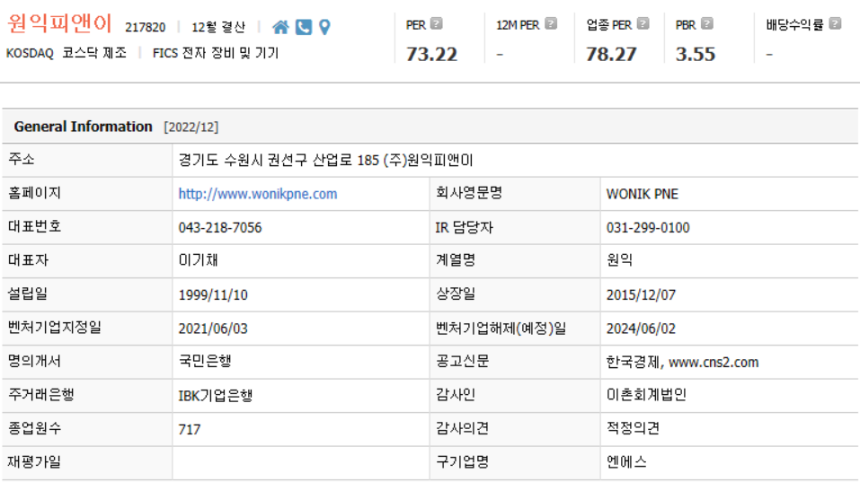 원익피앤이 기업개요