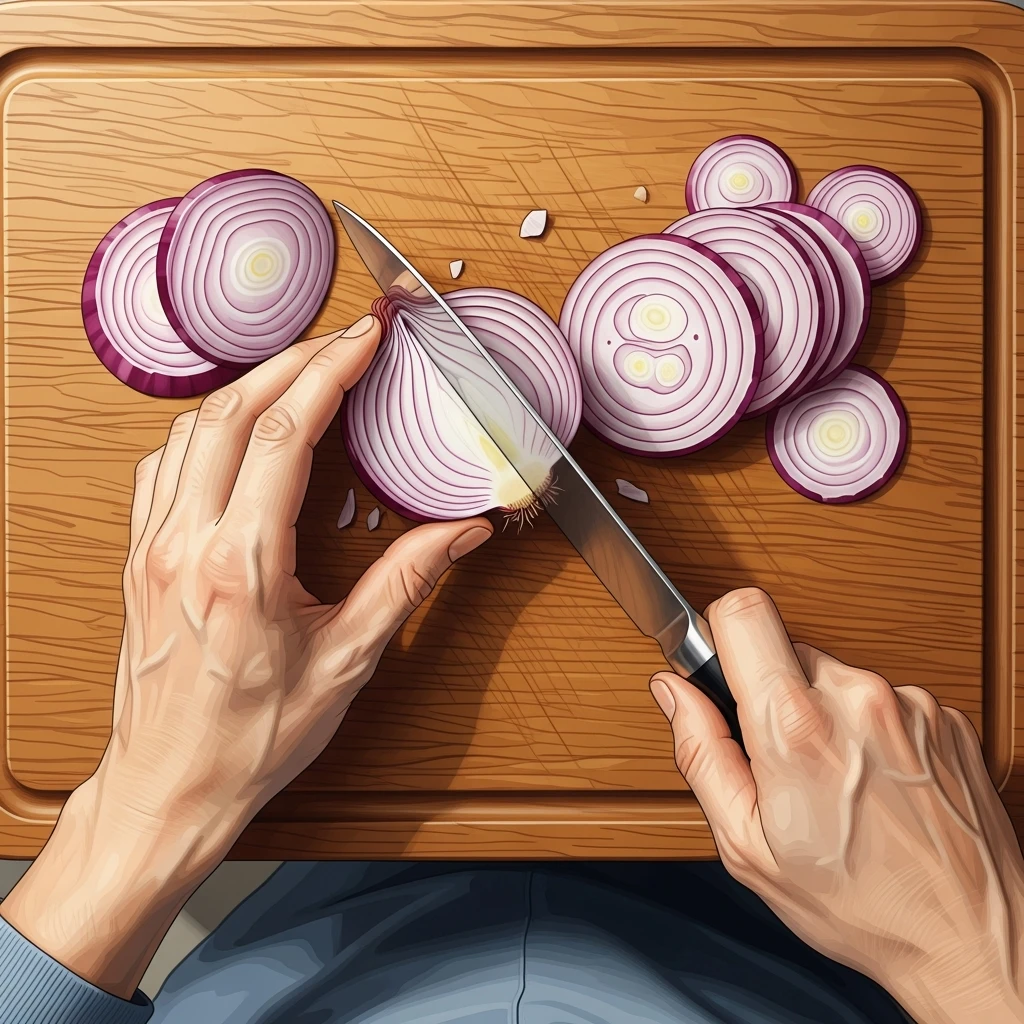 냉장 양파를 써는 주방 모습