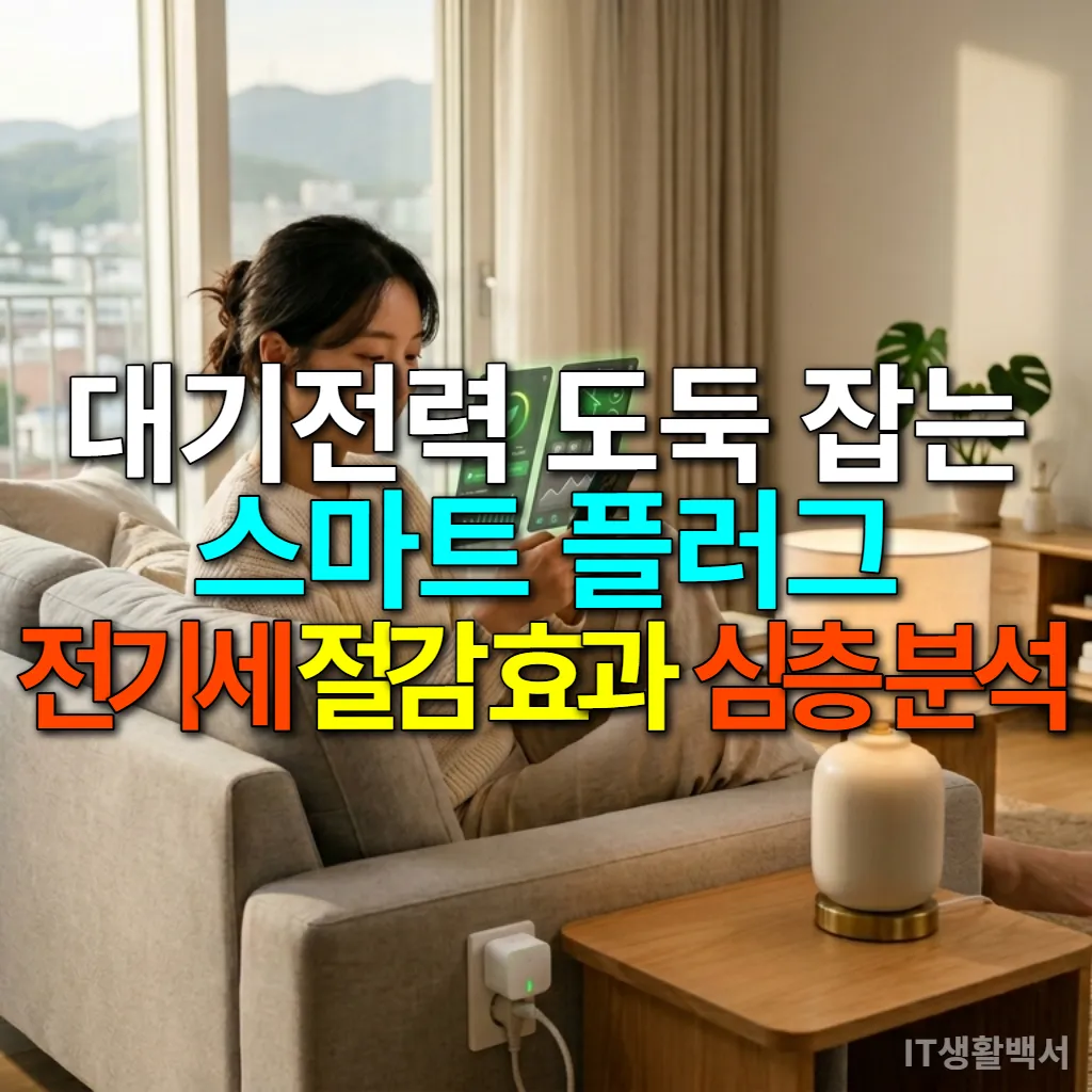 스마트 플러그를 활용하여 스마트폰 앱으로 전기 사용량을 확인하는 한국인 여성의 모습