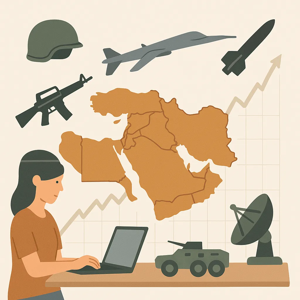 중동 지도 위에 전투 무기 아이콘이 배치된 인포그래픽 이미지