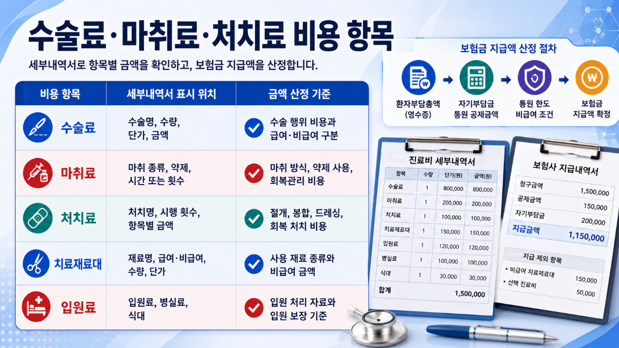 수술료&middot;마취료&middot;처치료 비용 항목을 설명한 16:9 인포그래픽으로, 세부내역서 표시 위치와 금액 산정 기준, 보험금 지급액 산정 절차를 함께 보여주는 이미지