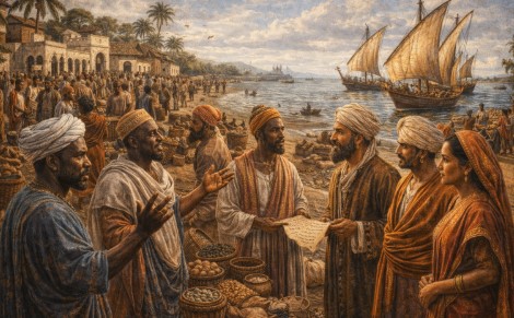 동아프리카 해안의 고대 스와힐리 조상 부족 상인들이 항구에서 교역하며 대화하는 장면.