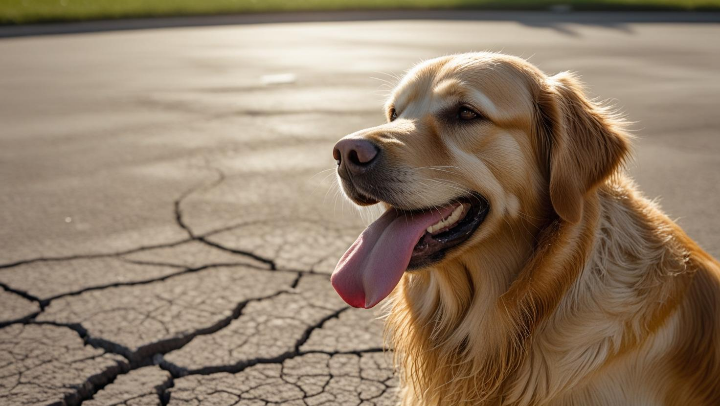 여름철 폭염 속 지친 강아지가 혀를 내밀고 헥헥거리는 모습