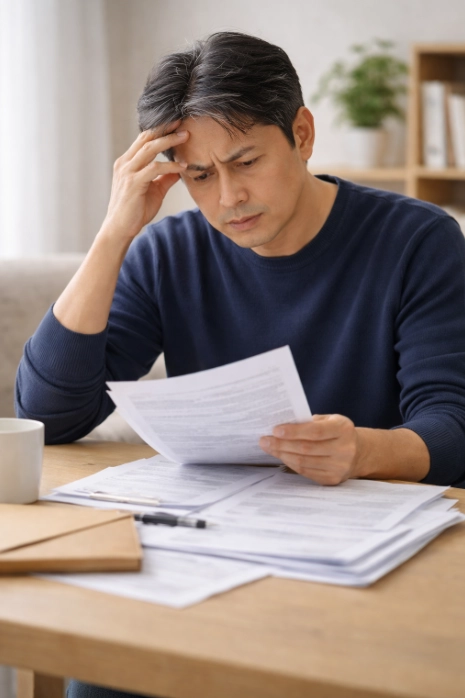 월세 연말정산 서류를 검토하다가 공제 반려 가능성을 인지한 40대 남성의 모습