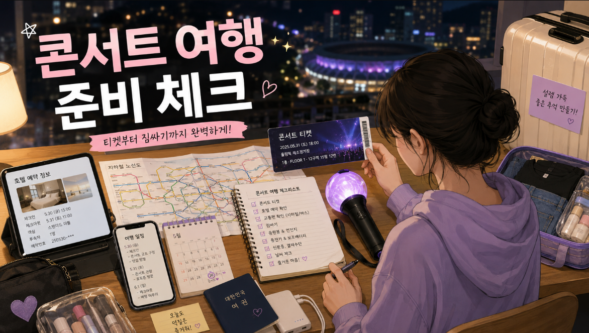 K-팝 콘서트 소비가 티켓 호텔 교통 식사 굿즈 관광으로 확산되는 구조를 설명한 인포그래픽