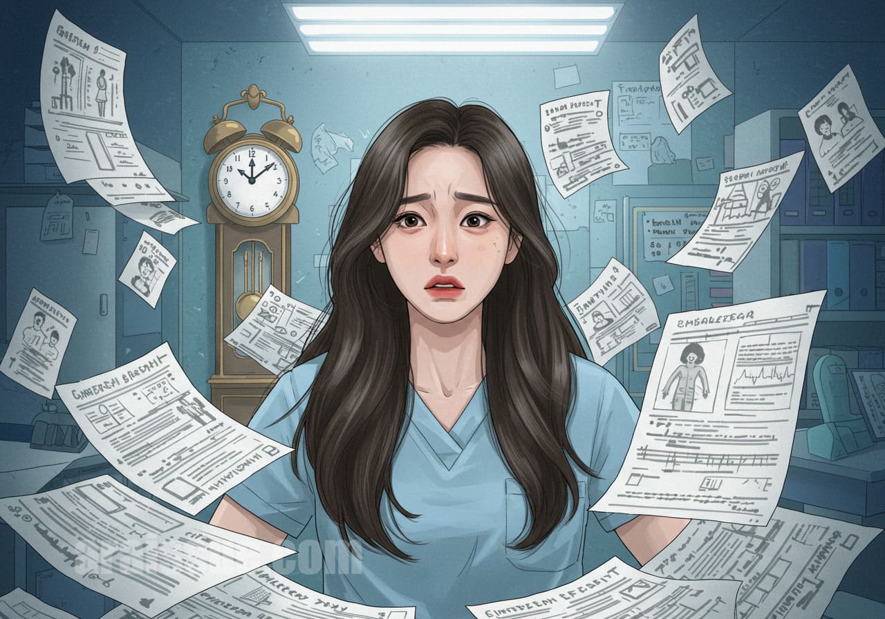 여러 서류를 책상 위에 펼쳐놓고 고민하는 모습의 여성. 배경에 시계가 있어 마감 스트레스를 강조한 현실적 상황입니다.