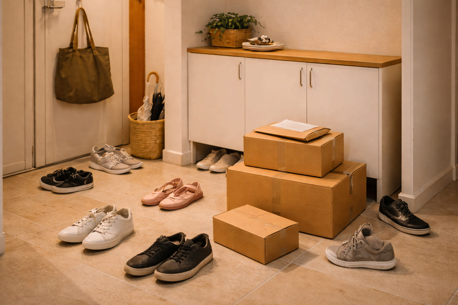 신발과 물건이 쌓여 막힌 아파트 현관 풍수 모습