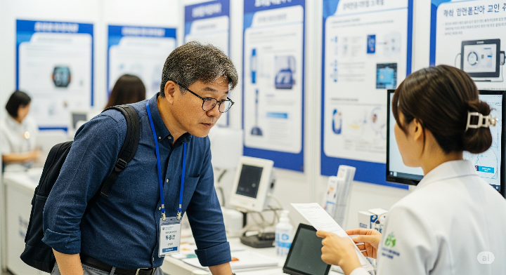 헬스케어 박람회에서 설명을 듣는 방문객