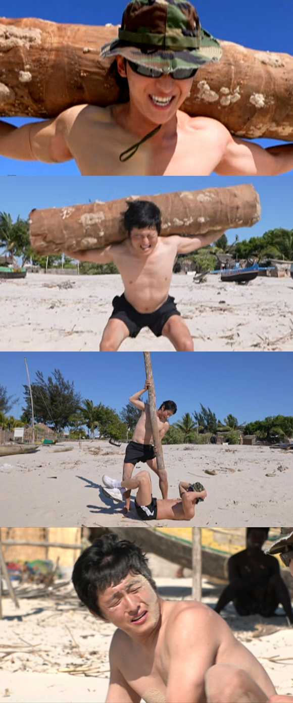 &#39;태어난 김에 세계일주 시즌3(태계일주3)&#39; 기안84와 덱스가 마다가스카르 해변에서 통나무를 들고 스쾃을 하고 있다. [사진=MBC]