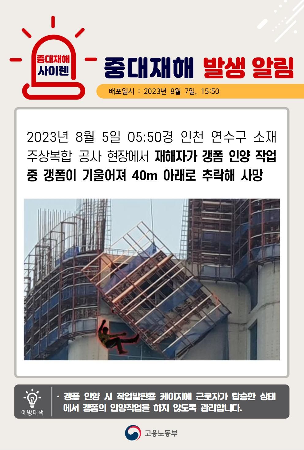 갱폼 인양 작업 중 갱폼이 기울어져 떨어짐(40m)