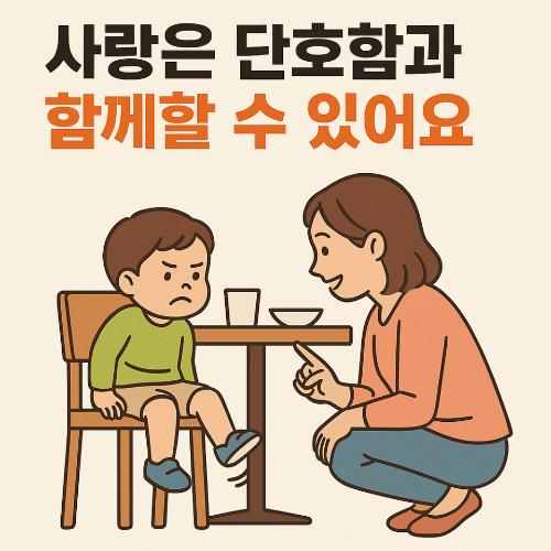 아이 훈육 상황에서 단호하지만 따뜻하게 대화하는 부모, 아이 자존감 지키는 훈육 대화법 예시 일러스트 이미지