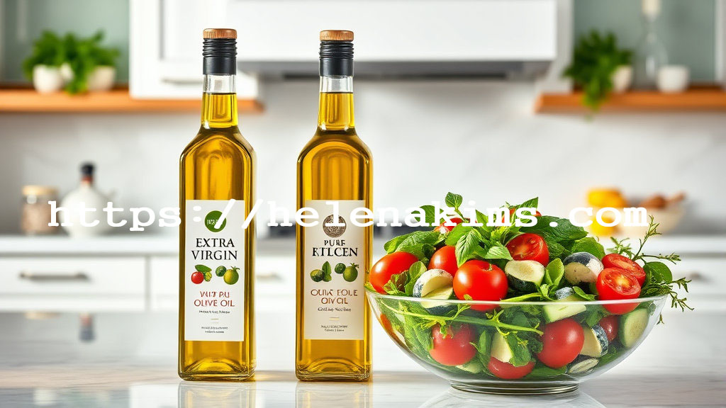 왼쪽에는 엑스트라버진 올리브 오일 병이, 오른쪽에는 퓨어 올리브 오일 병이 놓여 있고 그 옆에는 실러드가 담겨 있는 유리 볼의 모습.