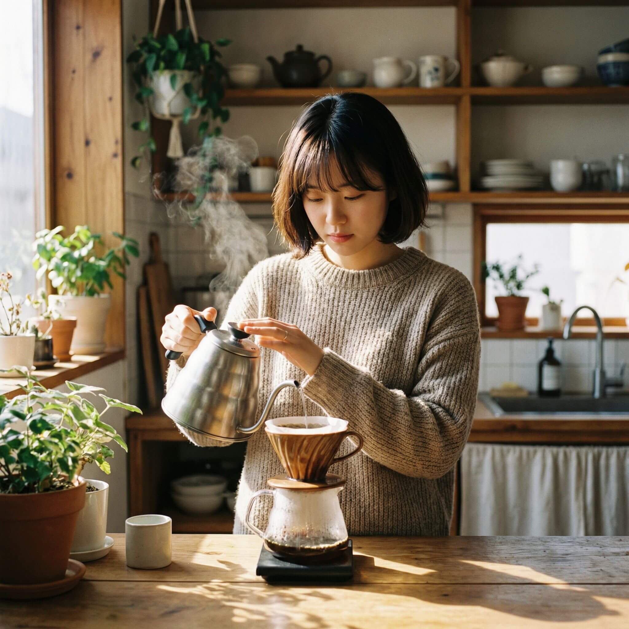 집에서 핸드드립커피를 내리는 여자의 모습