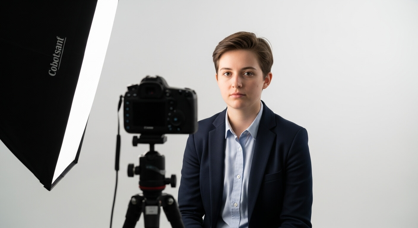 흰색 배경에서 면허증사진 촬영을 준비하는 사람