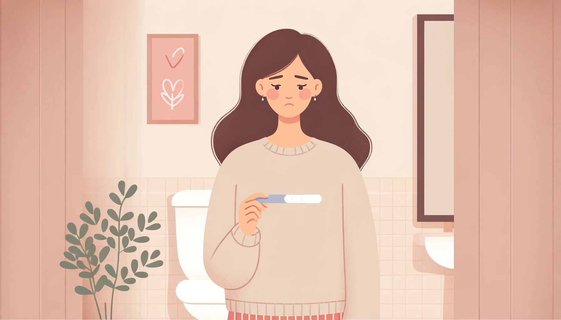임신 테스트기를 바라보며 긴장된 듯한 표정의 여성이 있는 플랫 스타일 일러스트