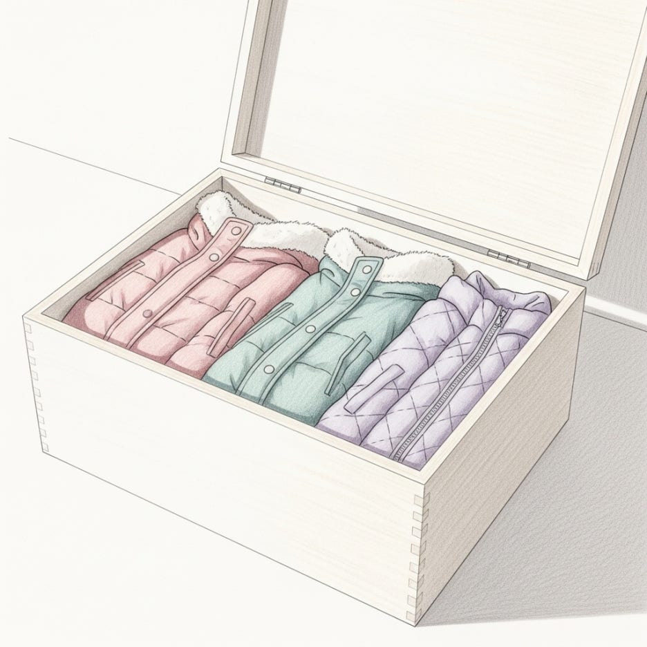 상자에 정돈되어 담긴 겨울 외투들