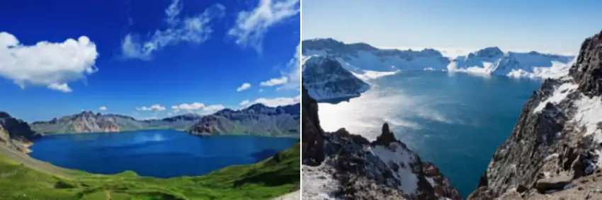 백두산-천지의-푸른-산림이-풍부한-여름과-하안-눈이-쌓인-겨울