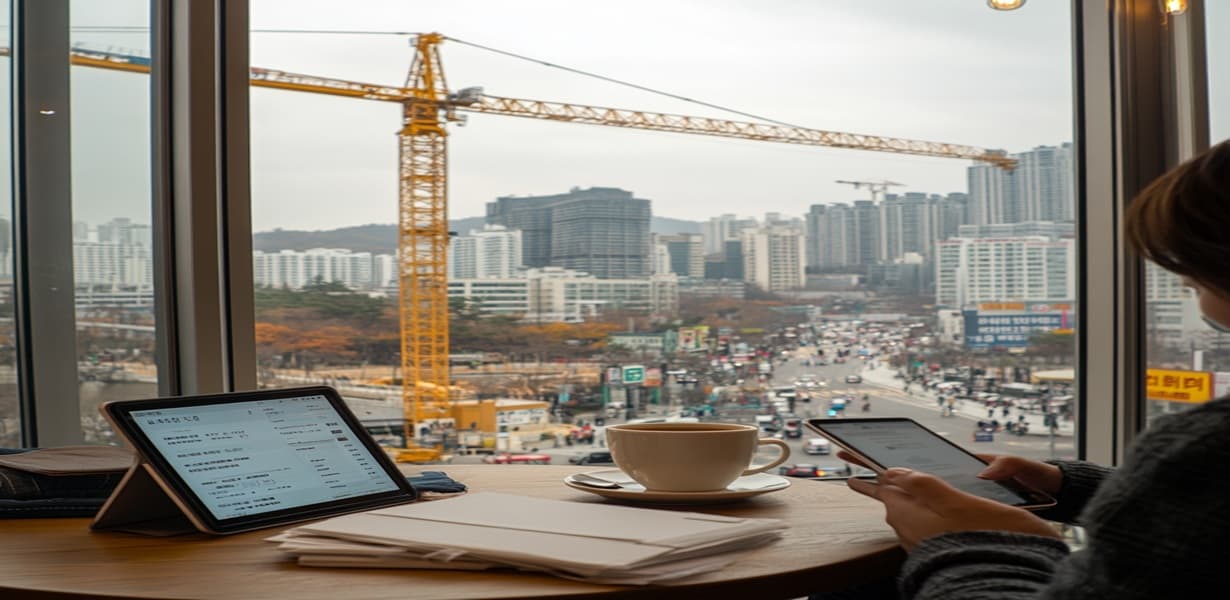 고층 아파트 건설 현장이 보이는 도시 전경 실사 이미지