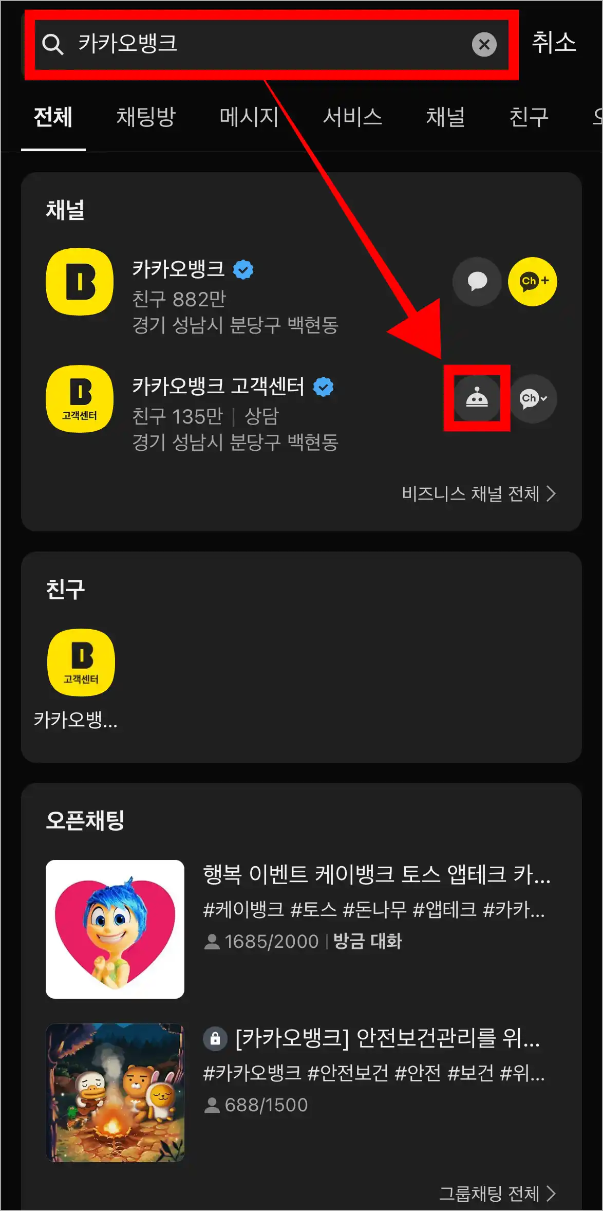 카카오뱅크를 검색하고, 결과 중 카카오뱅크 고객센터의 챗봇 버튼을 선택