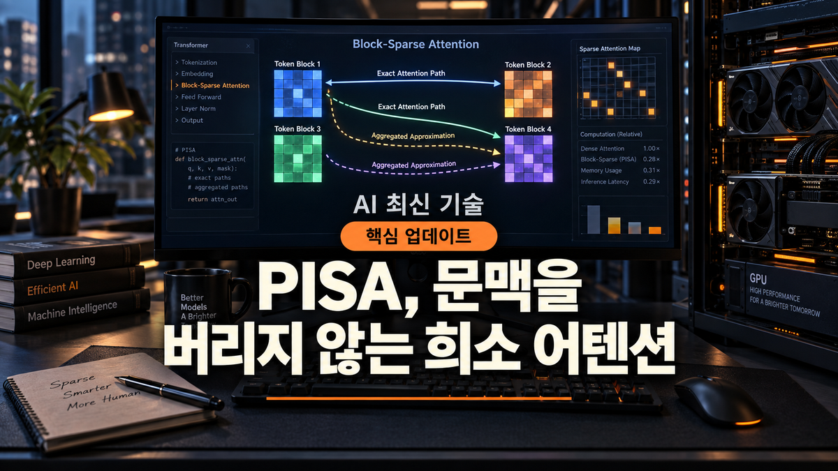 대표 이미지: PISA가 중요 블록은 정확히 계산하고 나머지 블록은 근사해 문맥을 반영하는 Diffusion Transformer attention 개념
