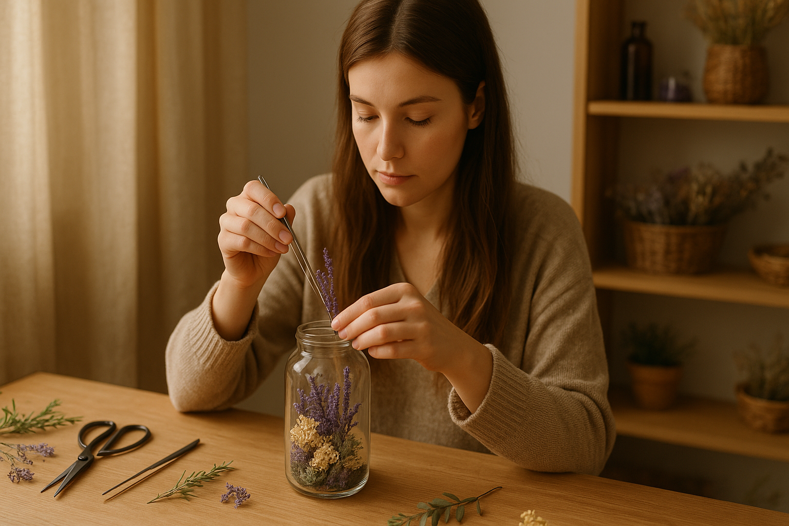 A quiet moment of creating a floral terrarium by arranging dried flowers inside a glass jar
